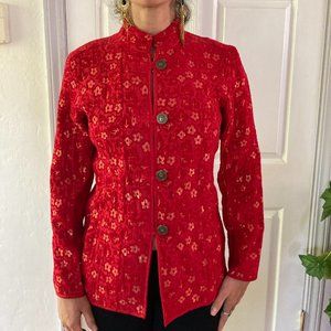 Chico's red button-up jacket with gold thread